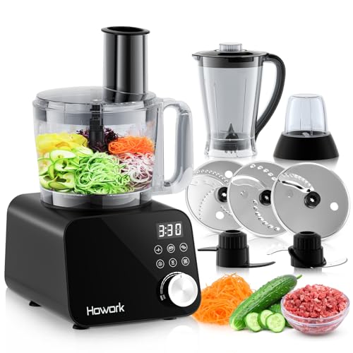 Howork Food Processor 1500W, Großes Fassungsvermögen Multifunktion, Zum Zerkleinern, Schneiden, Hacken, Mahlen, Smoothies, Hacken, Füllen und Teig, Edelstahl Schwarz von HOWORK
