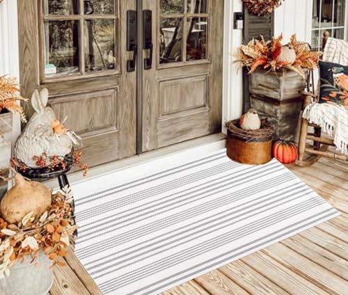 Teppich für die Veranda, 61 x 130 cm, grau und weiß gestreift, waschbar, für Eingangstür, Eingangsbereich, Baumwolle, gewebt, für Waschküche, Badezimmer, Schlafzimmer, Wohnzimmer Teppich für die Veranda, 61 x 130 cm, grau und weiß gestreift, waschbar, für Eingangstür, Eingangsbereich, Baumwolle, gewebt, für Waschküche, Badezimmer, Schlafzimmer, Wohnzimmer von HOXCIK