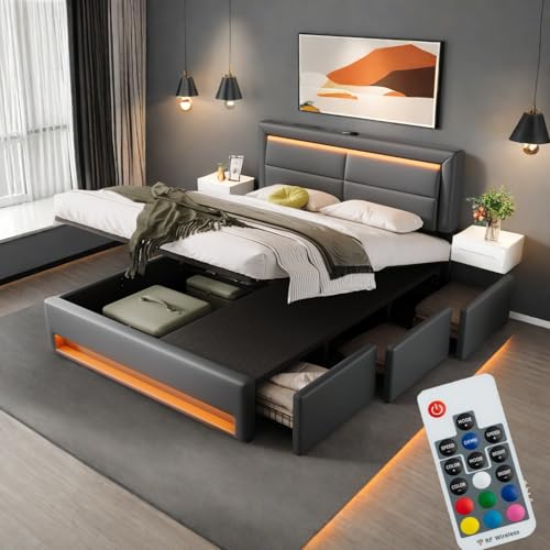 Bett 140x190 mit LED und USB, Polsterbett 140x190 cm mit 3 tiroirs de rangement und Kopfteil, Doppelbett mit Lattenrost Hydraulisches Stauraumbett Jugendbett Modernes Bettgestell, Aus PU Grau von HOXINBLY