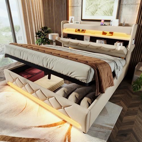 Bett 140x200 mit LED und USB und Typ C,Doppelbett Polsterbett 140x200 mit Stauraum und Kopfteil, Doppelbett mit Lattenrost Jugendbett Stauraumbett Bettgestell,Leinenstoff Beige (Ohne Matratze) von HOXINBLY