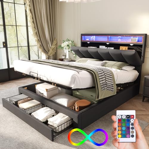 Bett 140x200 mit LED und Verstaubares Kopfteil, Polsterbett 140x200cm mit Schubladen und Stauraum, Doppelbett mit Lattenrost, Stauraumbett Hydraulisches Jugendbett Bettgestell aus Leinen, Grau von HOXINBLY