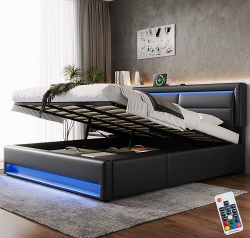 Bett 160x200 mit LED und USB, Polsterbett 160x200 cm mit 3 tiroirs de rangement und Kopfteil, Doppelbett mit Lattenrost Hydraulisches Stauraumbett Jugendbett Modernes Bettgestell, Aus PU Schwarz von HOXINBLY