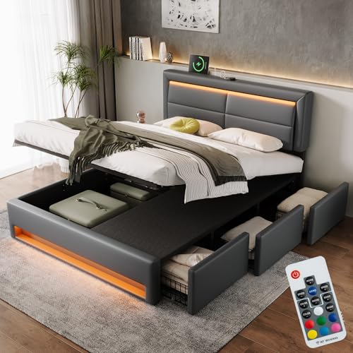 Bett 180x200 mit LED und USB, Polsterbett 180x200 cm mit 3 tiroirs de rangement und Kopfteil, Doppelbett mit Lattenrost Hydraulisches Stauraumbett Jugendbett Modernes Bettgestell, Aus PU Schwarz von HOXINBLY