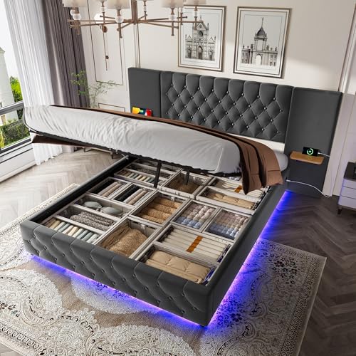 Doppelbett mit Stauraum, 160 x 200 cm, mit LED und USB, französisches Bett mit Kopfteil, Bett mit hydraulischer Hebevorrichtung, Bettgestell aus grauem Samt (ohne Matratze) von HOXINBLY