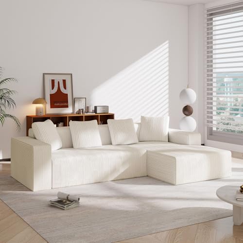 HOXINBLY 3-Sitzer-Sofa in L-Form mit tiefem Sitz, gepolstertes Sofa für Wohnzimmer, aus weißem Cord von HOXINBLY