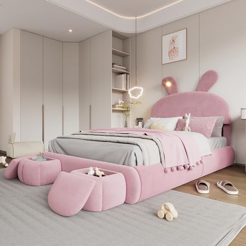 HOXINBLY Bett 140x200 mit LED, Polsterbett 140x200cm mit Zwei Aufbewahrungshockern und Stauraum, Doppelbett mit Lattenrost, Stauraumbett Hydraulisches Jugendbett Bettgestell aus Samt Rosa von HOXINBLY