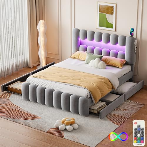 HOXINBLY Bett 140x200 mit LED und USB, Polsterbett 140x200 mit Stereoanlage und 4 Schubladen, Doppelbett mit Lattenrost Stauraumbett und Kopfteil, Jugendbett Modernes Bettgestell, Aus Velvet Grau von HOXINBLY