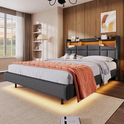 HOXINBLY Bett 140x200 mit LED und USB,mit Flip-Top-Ablage,Doppelbett Polsterbett 140x200 mit Stauraum und Kopfteil, Doppelbett mit Lattenrost Jugendbett Stauraumbett Bettgestell,Grau von HOXINBLY
