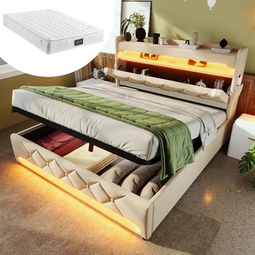 HOXINBLY Bett 140x200 mit LED und USB und Typ C,Doppelbett Polsterbett 140x200 mit Stauraum und Kopfteil, Doppelbett mit Lattenrost Jugendbett Stauraumbett Bettgestell,Leinenstoff Beige(Mit Matratze) von HOXINBLY