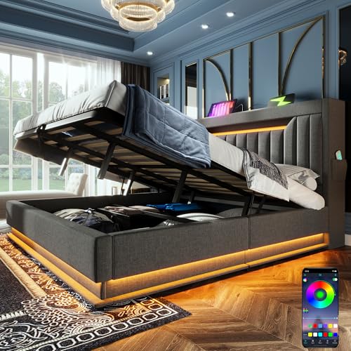 HOXINBLY Bett 160 x 200 cm mit LED-Netzwerk und USB C, mit hydraulischem Behälter und Kopfteil mit Lattenrost, aus grauem Leinen (ohne Matratze) von HOXINBLY