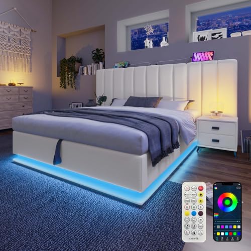 HOXINBLY Bett 160 x 200 mit App Control LED und USB-C,Doppelbett Polsterbett 160x200 mit Stauraum und Kopfteil,Doppelbett mit Lattenrost Jugendbett Stauraumbett Bettgestell Leinen in Weiß von HOXINBLY