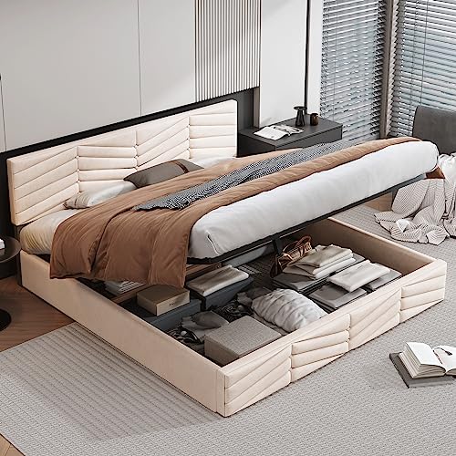HOXINBLY Bett 160x200, Polsterbett 160x200 mit höhenverstellbares Kopfteil, Doppelbett mit Lattenrost Stauraumbett Jugendbett Modernes Bettgestell, Aus Samt Beige HOXINBLY Bett 160x200, Polsterbett 160x200 mit höhenverstellbares Kopfteil, Doppelbett mit Lattenrost Stauraumbett Jugendbett Modernes Bettgestell, Aus Samt Beige von HOXINBLY