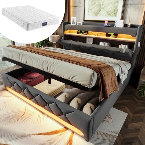 HOXINBLY Bett 160x200 mit LED und USB und Typ C,Doppelbett Polsterbett 160x200 mit Stauraum und Kopfteil, Doppelbett mit Lattenrost Jugendbett Stauraumbett Bettgestell,Leinenstoff Grau (Mit Matratze) von HOXINBLY