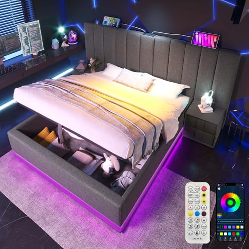 HOXINBLY Bett 180 x 200 mit App Control LED und USB-C,Doppelbett Polsterbett 180x200 mit Stauraum und Kopfteil,Doppelbett mit Lattenrost Jugendbett Stauraumbett Bettgestell Leinen in Grau von HOXINBLY