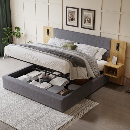 HOXINBLY Bett 180x200 mit LED und USB,Doppelbett Polsterbett 180x200 mit Stauraum und Kopfteil, hydraulisches Breitohrbett mit Lattenrost,mit Beleuchtung und inklusive Zwei Nachttischen,Samt Grau von HOXINBLY