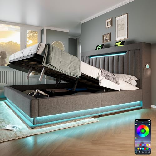 HOXINBLY Bett 180x200 mit LED und USB C mit hydraulischem Behälter und Kopfteil, Lattenrost, graues Leinen (ohne Matratze) von HOXINBLY