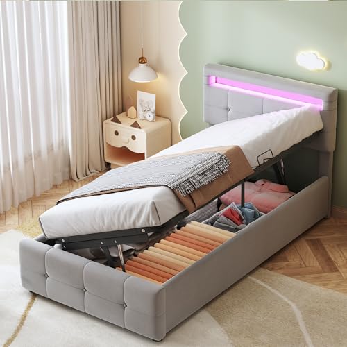 HOXINBLY Bett 90x190 mit LED,Polsterbett Kinderbett 90x200 mit Stauraum und öhenverstellbares Kopfteil, Einzelbett mit Lattenrost Jugendbett Stauraumbett Bettgestell Kinderbett, Samtstoff Grau HOXINBLY Bett 90x190 mit LED,Polsterbett Kinderbett 90x200 mit Stauraum und öhenverstellbares Kopfteil, Einzelbett mit Lattenrost Jugendbett Stauraumbett Bettgestell Kinderbett, Samtstoff Grau von HOXINBLY