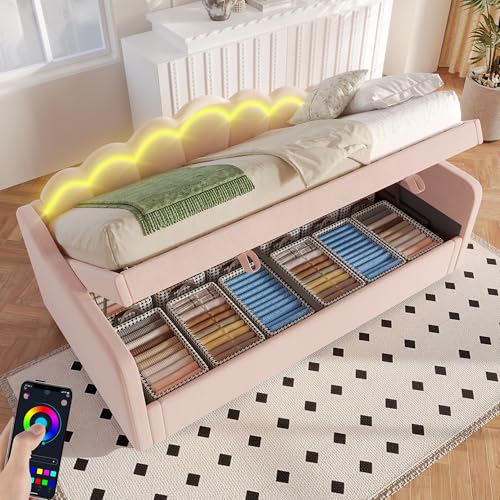 HOXINBLY Bett 90x200 mit LED Streifen, Schlafsofa mit Stauraum, Polsterbett mit Lattenrost, Einzelbett Hydraulisch Bett 90x200 Aus Samt Rose (Ohne Matratze) von HOXINBLY