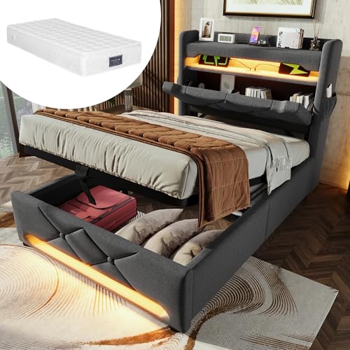 HOXINBLY Bett 90x200 mit LED und USB,Polsterbett 90x200 mit Stauraum und Kopfteil, Einzelbett mit Lattenrost Jugendbett Kinderbett Stauraumbett Bettgestell, Grau Leinen(Mit Matratze) von HOXINBLY