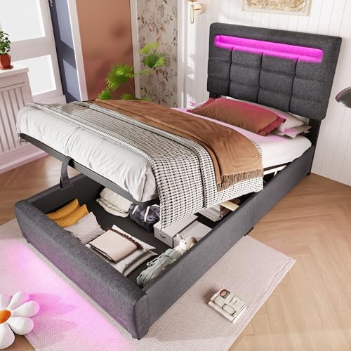 HOXINBLY Bett 90x200 mit LED und USB,Polsterbett 90x200 mit Stauraum und Kopfteil, Einzelbett mit Lattenrost Jugendbett Stauraumbett Bettgestell Kinderbett, Leinenstoff Grau HOXINBLY Bett 90x200 mit LED und USB,Polsterbett 90x200 mit Stauraum und Kopfteil, Einzelbett mit Lattenrost Jugendbett Stauraumbett Bettgestell Kinderbett, Leinenstoff Grau von HOXINBLY