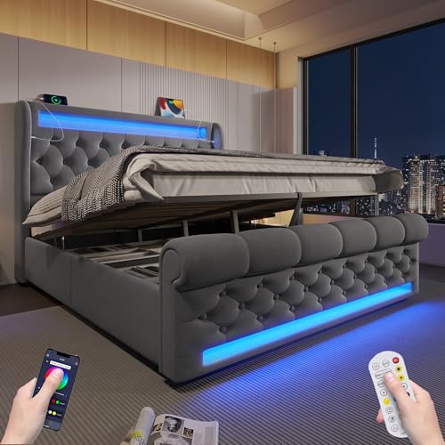 HOXINBLY Boxspringbett 140 x 200 mit LED-Beleuchtung und USB Typ C, mit Hydraulikbehälter und Kopfteil mit Lattenrost, grauer Samt (ohne Matratze) von HOXINBLY