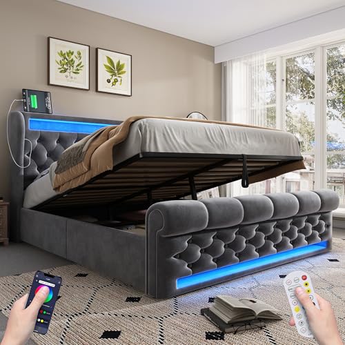 HOXINBLY Boxspringbett 160 x 200 mit LED-Beleuchtung und USB Typ C, mit Hydraulikbehälter und Kopfteil mit Lattenrost, grauer Samt (ohne Matratze) von HOXINBLY