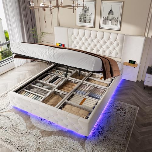 HOXINBLY Doppelbett 160 x 200 cm mit LED und USB mit hydraulischem Hebesystem und großem Stauraum, mit Lattenrost, 160 x 200 cm, Samt Beige (ohne Matratze) von HOXINBLY