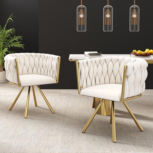 HOXINBLY Esszimmerstühle 2er Set drehbar, Freizeit Drehstuhl Vier Stützbeinen aus Metall, Stuhl Aus Samt Beige+Gold von HOXINBLY
