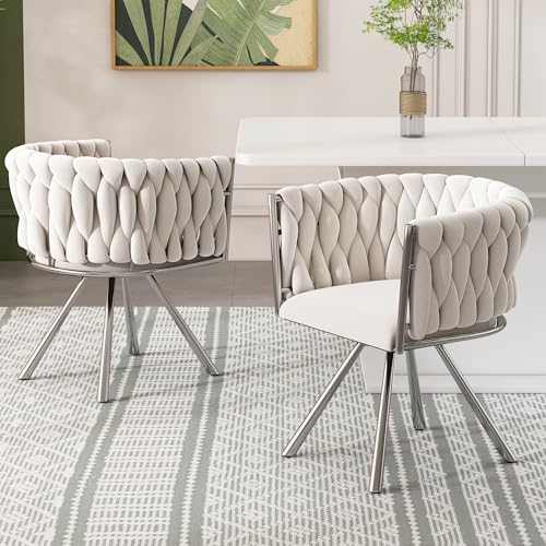 HOXINBLY Esszimmerstühle 2er Set drehbar, Freizeit Drehstuhl Vier Stützbeinen aus Metall, Stuhl Aus Samt Beige+Silber von HOXINBLY