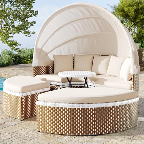 HOXINBLY Gartenmöbel Set Lounge Möbel Outdoor, Muschel Garten Schlafsofa mit ausziehbares Baldachin und anhebbare Tischplatte, Multifunktionale Doppelliege Sonnenliege, Für Balkonmöbel, Rattan Beige von HOXINBLY