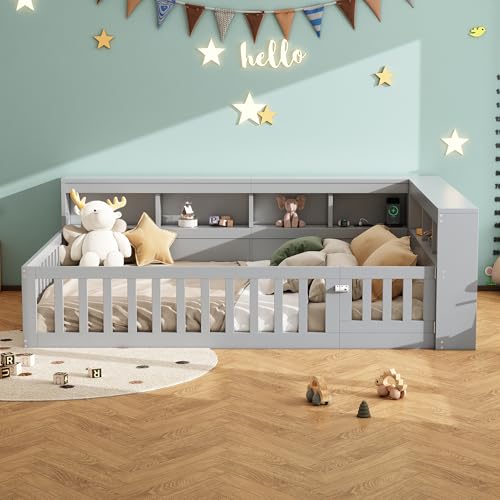 HOXINBLY Kinderbett 140 x 190 cm mit Gittern, Kinderbett 140 x 200 cm mit Stecker und USB, Grau Spanplatte (ohne Matratze) von HOXINBLY