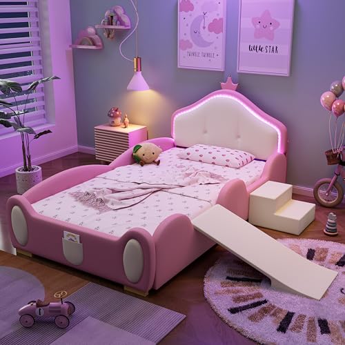 HOXINBLY Kinderbett mit Multi Mode LED Streifen, Gepolstertes Bett 90 x 200 cm mit Prinzessinnenbett in Kronenform, Einzelbett mit Links und rechts tauschen Treppe, Aus PU Leder Rosa (Ohne Matratze) von HOXINBLY