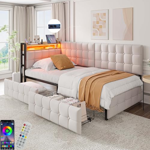 HOXINBLY Bett 90 x 200 cm mit 2 Schubladen, Schlafsofa mit LED und USB, Kinderbett mit Lattenrost, Bettgestell aus beigem Samt (ohne Matratze) von HOXINBLY