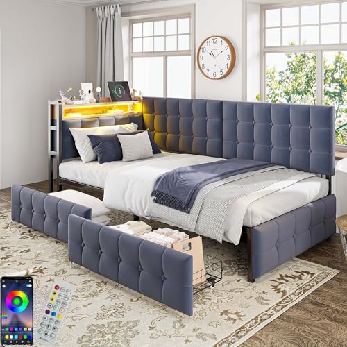 HOXINBLY Schlafsofa 90 x 200 cm mit 2 Schubladen, mit LED und USB, mit Lattenrost, Bettgestell aus dunkelgrauem Samt (ohne Matratze) von HOXINBLY