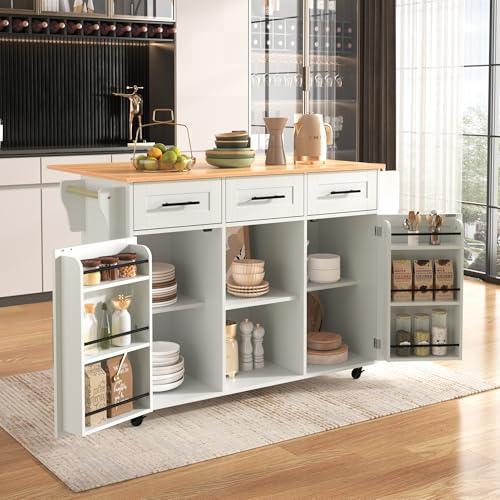 HOXINBLY Speisewagen Anrichte mit klappbare Arbeitsfläche und weiße Marmor-Furnierdekoration, Kücheninsel mit Handtuchhalter, 3 Schubladen, Schubladen Küchenwagen Küchenschrank, Weiß 139×71×91,5cm von HOXINBLY