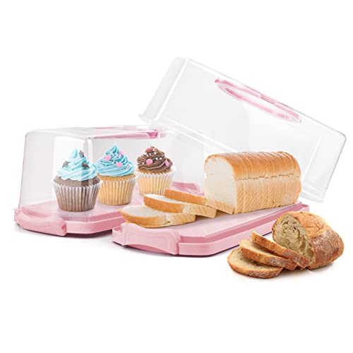Rechteckige Brotbox aus Kunststoff mit transparentem Deckel, tragbare Brot-Aufbewahrungsbehälter mit Griff, Küchen-Frische-Kuchenhalter (Rosa) von HOYA PONYOO