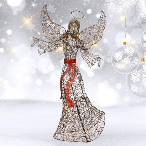 5' Rattan-Engel-Weihnachtsdekoration für draußen – beleuchteter Engel-Weihnachtsdekoration mit 120 LED-Lichtern für draußen, Elegantes geflügeltes Weihnachtsornament für den Rasen von HOYECHI
