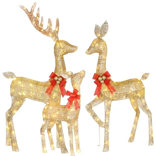 Beleuchtete Weihnachtsdekoration Hirsch 3 Stück, HOYECHI Beleuchtete Weihnachtsdekoration Rentier Familie Set für Innen Außen Vorgarten Veranda mit LED, Stecker, Verlängerungskabel, Bodenpfähle-Gold von HOYECHI