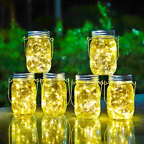 HOYIBO Solarlampen für Außen - 6 Stück Solar Licht Einmachglas 30 LED Solar Mason Jar Licht Wasserdicht Hängende Solarlampen für Außen Garten Weihnachten Hochzeit Party Baum Deko (Warmweiß) von HOYIBO