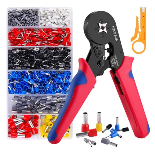 HOZKUY Crimpzange Set für 0,25-10 mm², Aderendhülsenzange Selbsteinstellend mit 1200 stück Aderendhülsen, Elektriker-Profi-Crimpzange Set, Krimpzangenset mit ergonomischem von HOZKUY