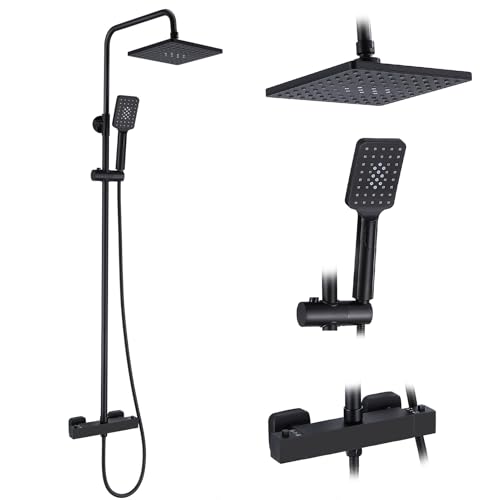 HOZKUY Duschsystem mit Thermostat Schwarz, Quadratisches 38 °C Duscharmatur Komplettset mit Regendusche, 3 Funktions Handbrause, Höhenverstellbar Verstellbarer Duschstange 103-140cm von HOZKUY