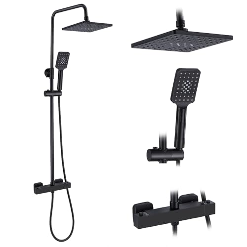 HOZKUY Duschsystem mit Thermostat Schwarz, Quadratisches 38 °C Duscharmatur Komplettset mit Regendusche, 3 Funktions Handbrause, Höhenverstellbar Verstellbarer Duschstange 73-110cm von HOZKUY