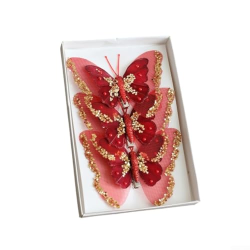 Schmetterlings-Ornamente mit doppellagigem Pailletten- und Feder-Design für Weihnachtsbaum-Hängedekorationen für den saisonalen Gebrauch an Bäumen und Kaminsims (rot) von HOgardenME