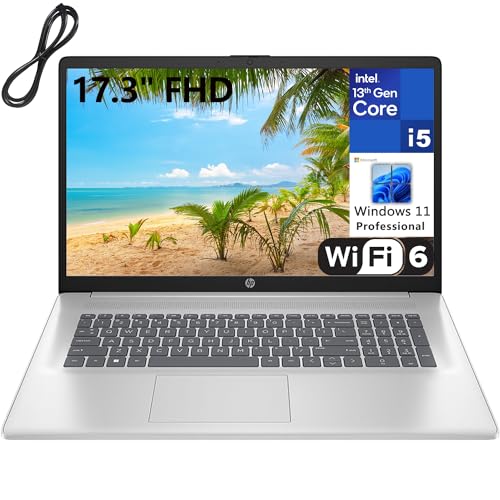 HP 17 17,3 Zoll FHD Laptop Computer, 13. Generation Intel 10-Core i5-1335U bis zu 4,6 GHz (Beat i7-1270P), 32 GB DDR4 RAM, 2 TB PCIe SSD, WiFi 6, Bluetooth 5.3, Silber, Windows 11 Pro, SSROTH Kabel von HP