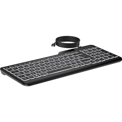 HP 400 Kabelgebundene Tastatur mit Hintergrundbeleuchtung, QWERTY Englisches Layout, 12 programmierbare Tasten, spritzwassergeschützt, USB-C-Kabel mit USB-A-Adapter, schlankes Design, Schwarz von HP