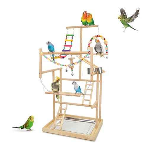 Vogel-Playstand Papageien-Spielplatz, Holzspielständer, Sitzstange, 4 Leitern, Spielhalle mit Übungsspielzeug, Schaukeln, Futterbecher für Kakadus, Lovebirds Playgym Sittiche, Käfigzubehör von HPAWHOMEPART