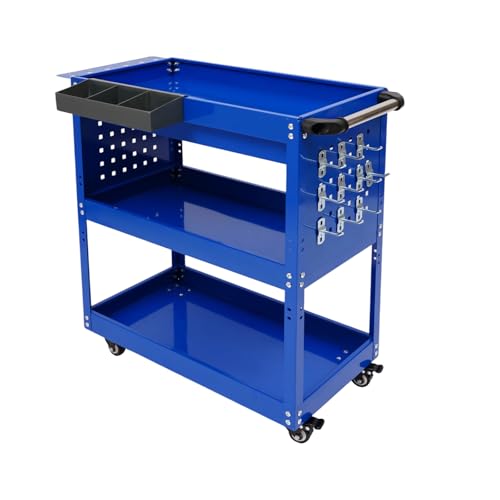 HPDTZ 3 Ebene Rollwerkzeugwagen, Werkzeuglagerwagen, Werkzeugwagen auf Rollen für Werkstatt und Garage, Montagewagen aus Stahl mit Schublade und 3 Regal Ebenen (Blau) von HPDTZ