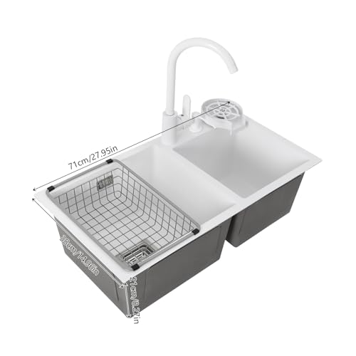 Küchenspüle Doppelbecken Edelstahl Spülbecken mit Wasserhahn und Abtropfkorb für Küche Restaurant oder Bar 71x38 cm 2 Becken Topmount Undermount mit Nano-Backlackierung (Weiße) von HPDTZ