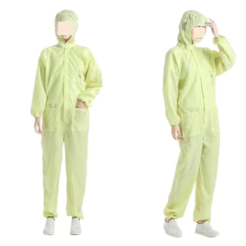 Mann Frau dicht Antistatische Kapuze Reinraum Kleidungsstück Farbe Uniform Overall Kleidung Einteiliger Overall Saubere Arbeitskleidung(Yellow with pocket,XL) von HPHPH
