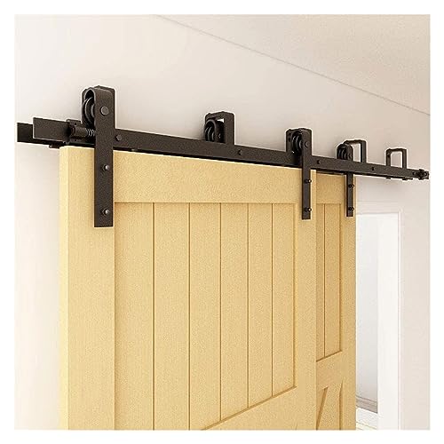 Schiebetür Komplettset, 153–422 cm Bypass-Scheunentor-Schiebe-Hardware-Kit, Schiebetür-Hängeschienensystem, J-förmige Rollenschiene for Doppeltür,Rolltorbeschläge(214cm 7FT rail kit) von HPHPH